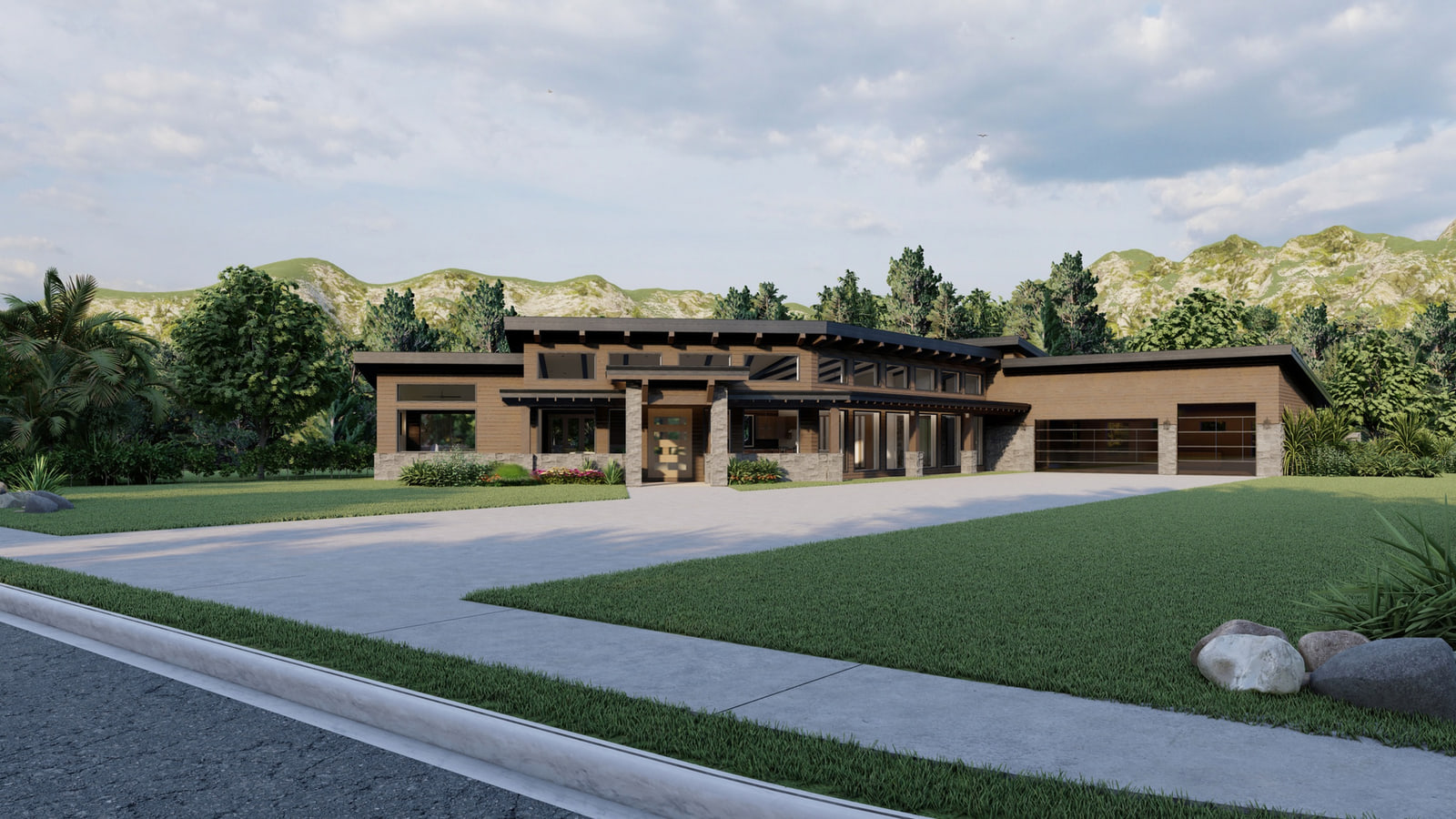 Design rendering of the Arkansas Valley Residence showing a low contemporary mountain elevation, deep roof overhangs, stone piers, and an integrated three-car garage.