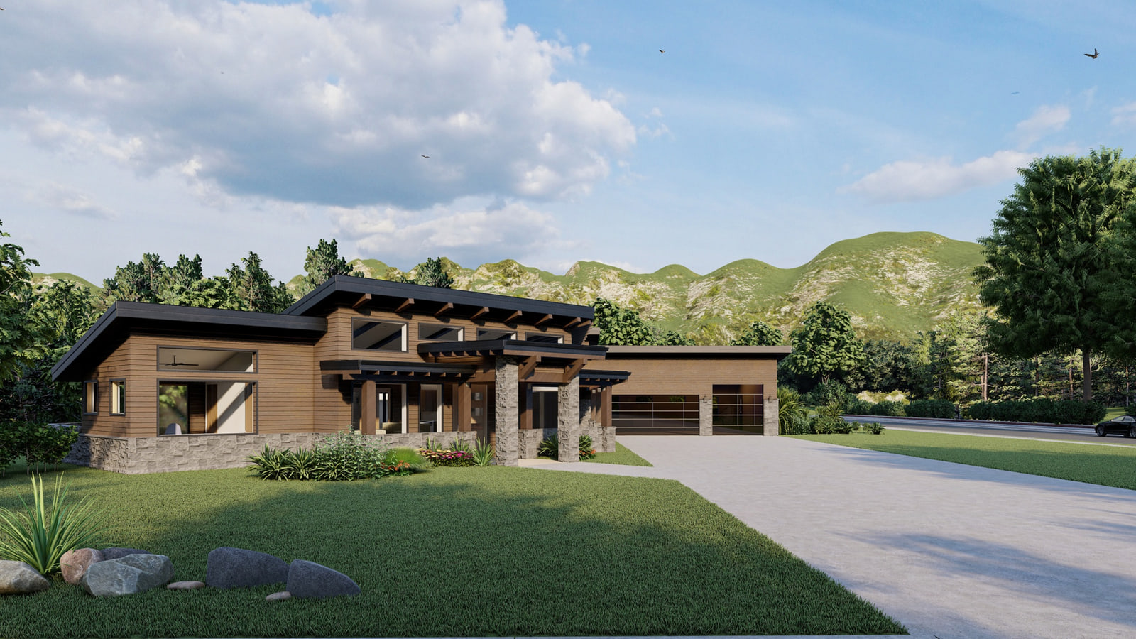 Design rendering of the residence's entry and garage with stone columns, wood-toned walls, dark roof planes, and a landscaped arrival court.