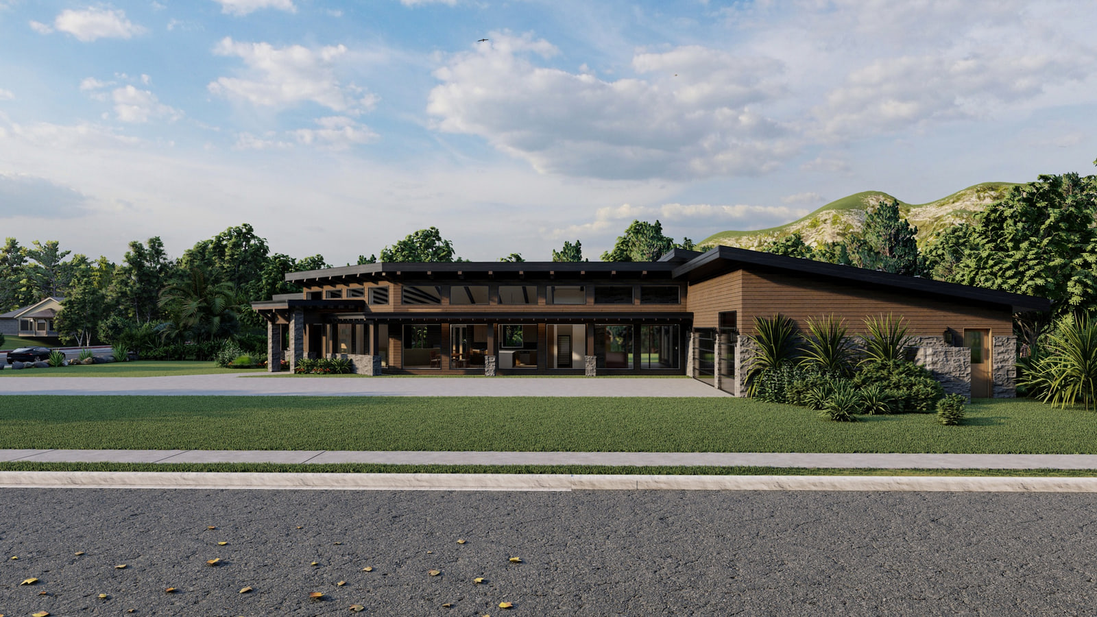 Wide design rendering of the street-facing elevation of a low contemporary mountain home with deep overhangs and horizontal massing.