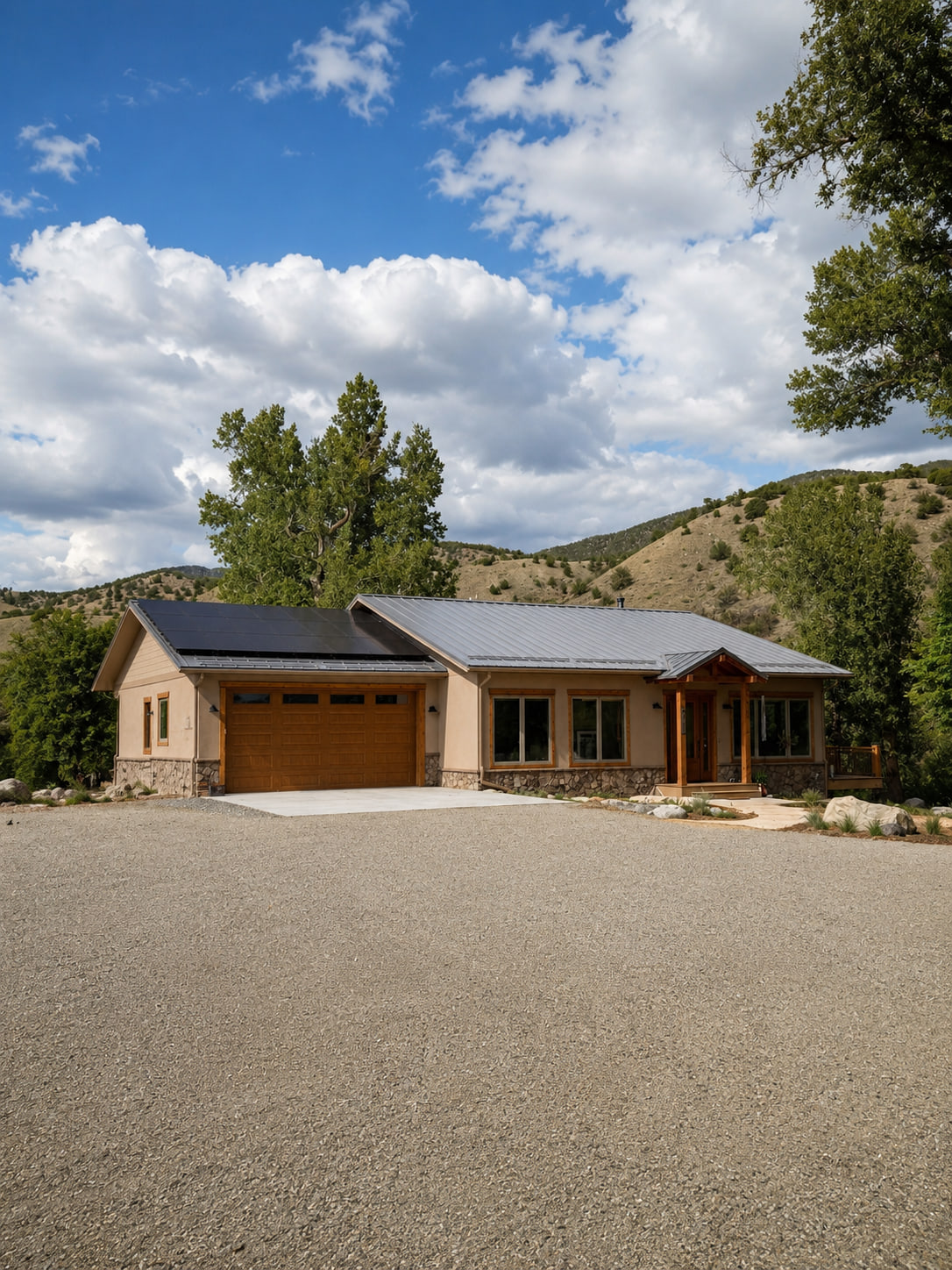 Vertical front exterior view highlighting the entry, upper balcony, and natural material palette.