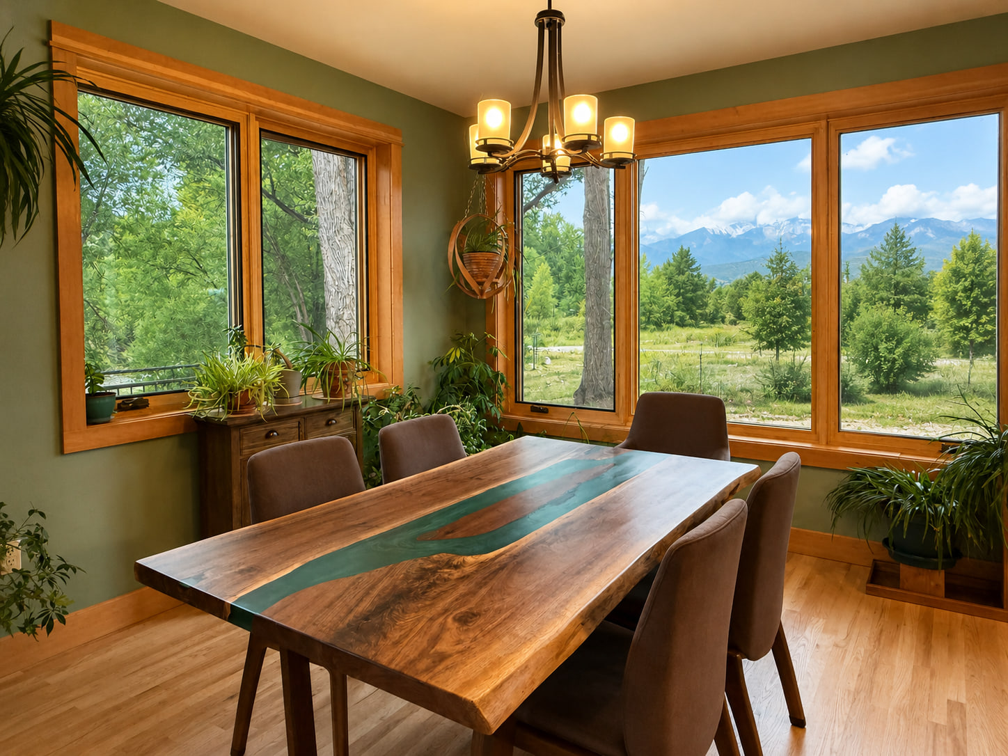 Dining room with a custom wood table, corner windows, natural wood trim, and mountain views.