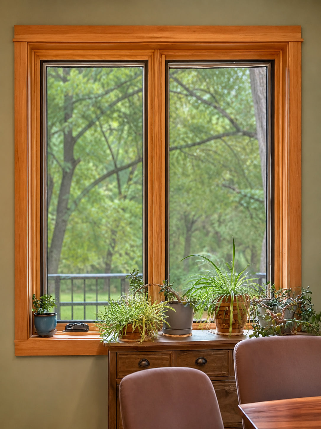 Wood-trimmed interior window detail framing mature riverside trees.