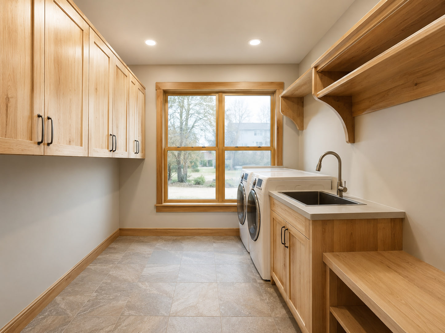 Bright laundry and utility room with built-in cabinetry and durable finishes.