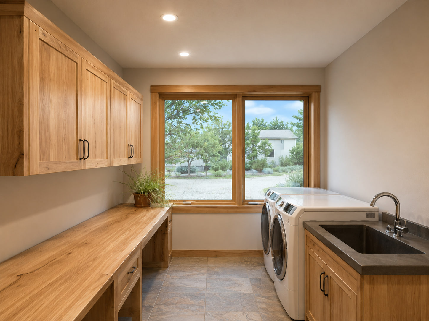 Second laundry and utility room view showing storage, workspace, and natural light.