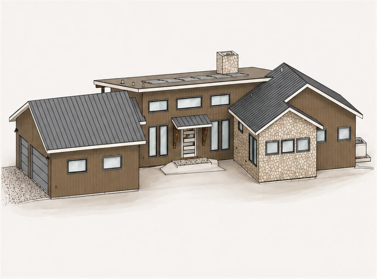 Colorized initial front-approach design concept for Riverside Boathouse Overlook.