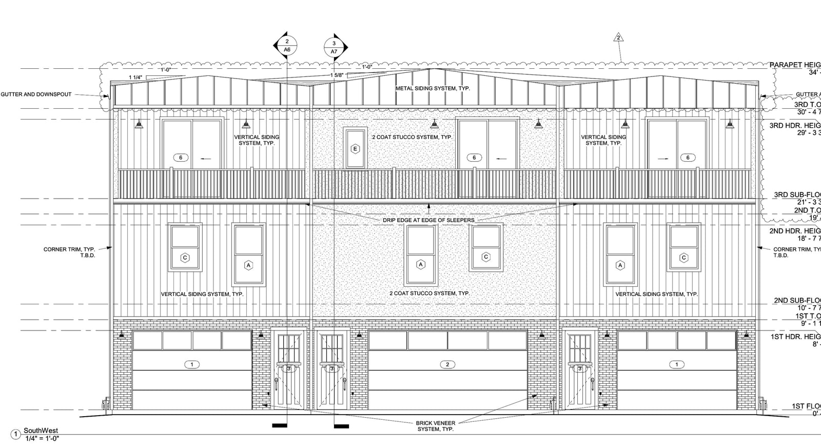 Design elevation of the Salida Urban Terraces triplex showing the architectural composition and massing.