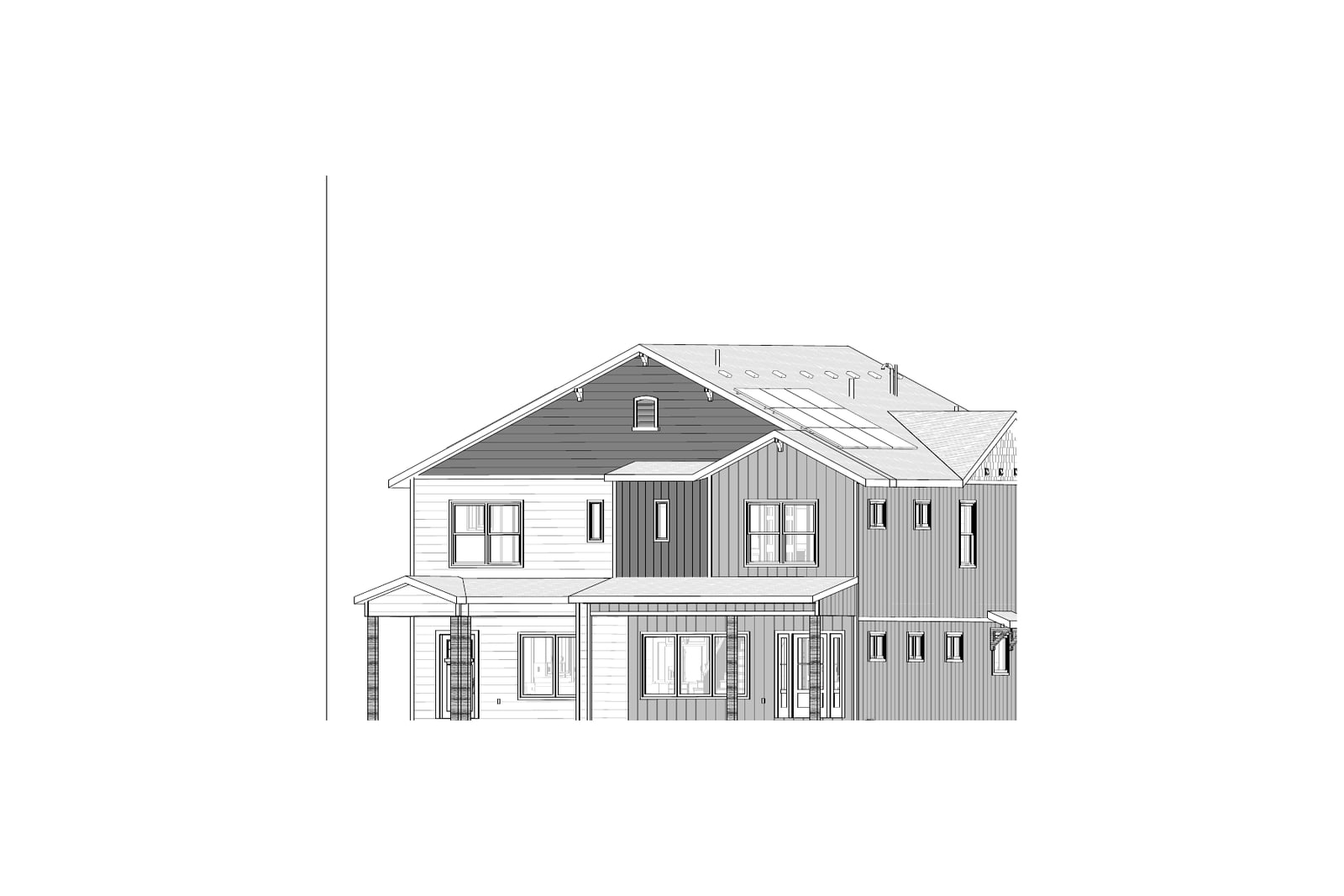 Architectural rendering of a two-story duplex with varied gable roofs and covered front porches.