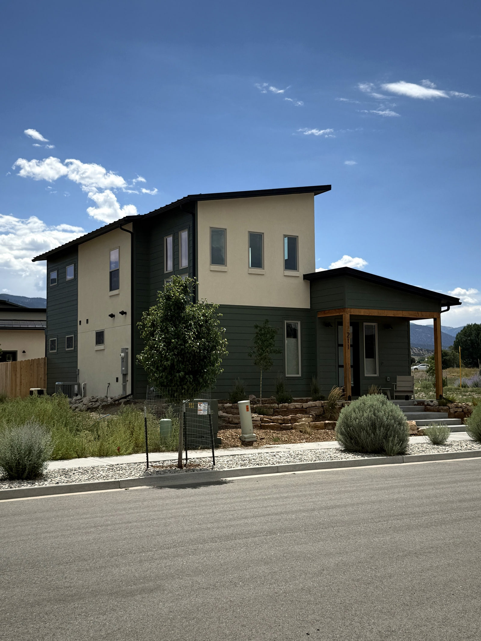 Wider neighborhood view of Southside Modern showing its layered shed-roof forms and mountain setting.
